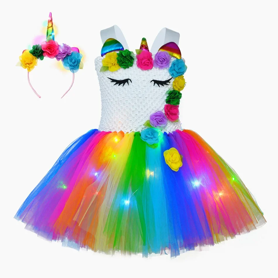 Cute Princess Sling Glowing Unicorn Dresses for Girls Birthday Party Children Performance Evening Tutu Dress Halloween Cosplay