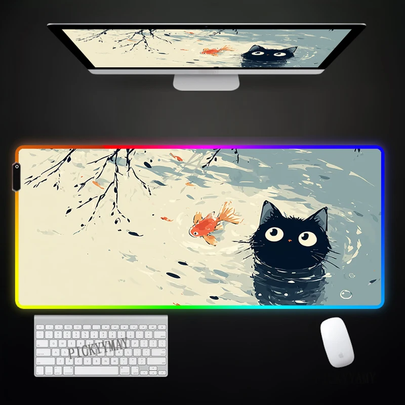 Ink Cat Cute Design Large RGB Mouse Pad Gaming Mousepad LED Mouse Mat Gamer Mousepads Luminous Table Mats Desk Pads With Backlit