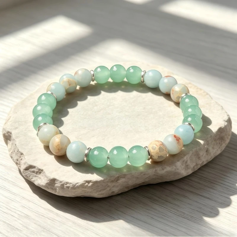 Shoushan Stone Light Green Round Beaded Bracelet Fresh Color Contrast Bracelet Jewelry