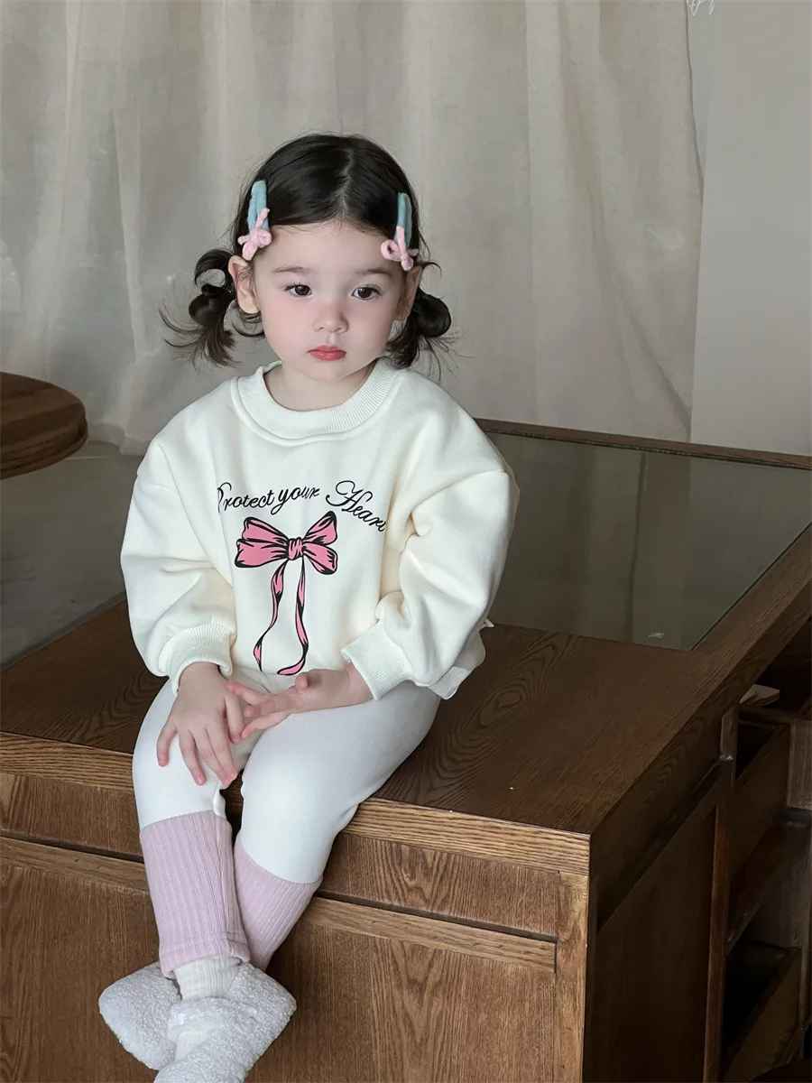 2024 Winter New Baby Long Sleeve Warm Sweatshirt Cute Bow Print Infant Girl Fleece Sweatshirt Plus Velvet Tops Toddler Clothes