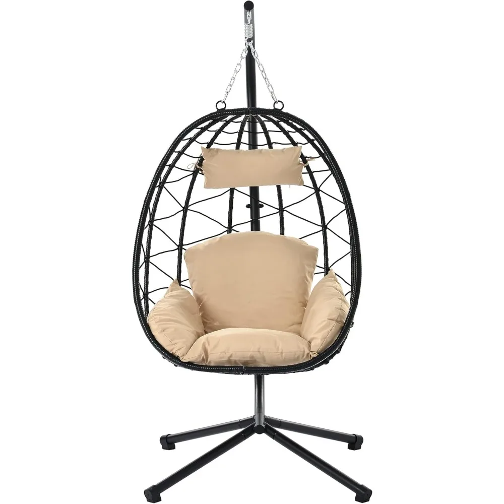 Egg Chair with Stand, Indoor Outdoor Swing Chair Patio Wicker Hanging Egg Chair for Balcony,Bears 300 LBS(Black+Beige)