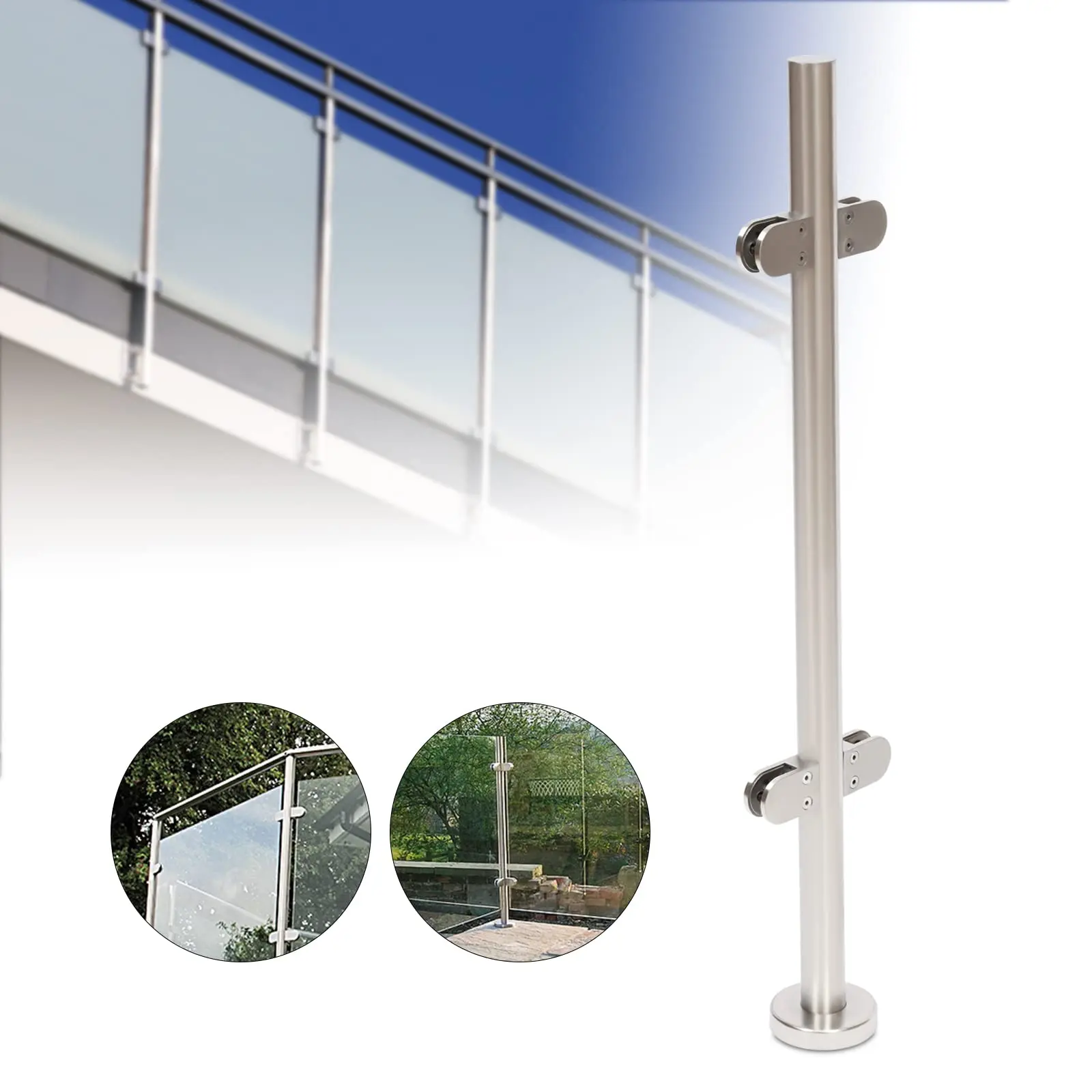 Glass Railing Post, Silvery Stainless Steel Glass Clamp Post Glass Balustrade Railing, Railing Mid Post Railing Fence Pole Handr