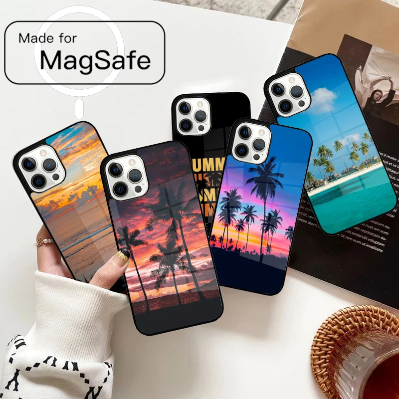 الصيف شاطئ الغروب شجرة النخيل لينة المغناطيسي قضية الهاتف آيفون 17 الهواء 16e 12 13 14 15 برو ماكس Magsafe غطاء لاسلكي