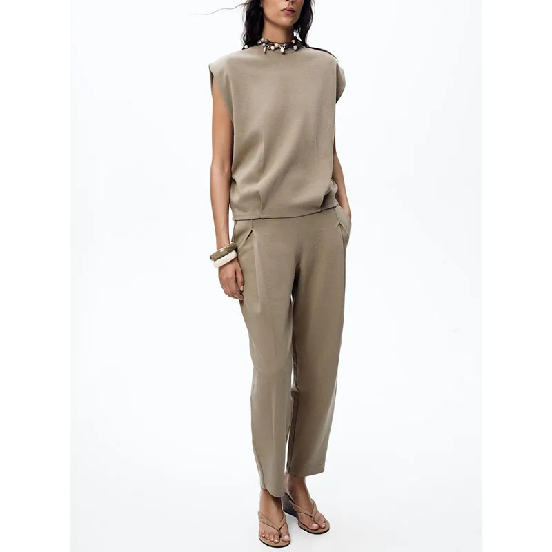 

Waed Effect Comfortable ort Sve Cotton T-irt Double Sided oulder Drape Trousers Faionable Summer Outfit Set