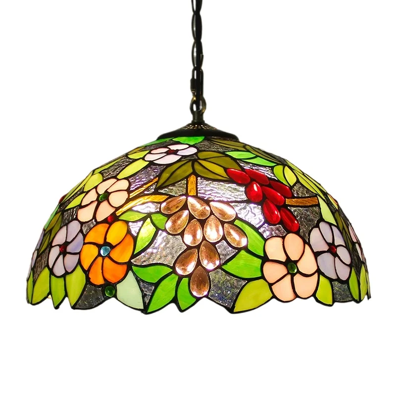 12 นิ้ว 16 นิ้วสไตล์ใหม่ Tiffany จี้โคมไฟสําหรับห้องนอนห้องนั่งเล่นครีม Amber Rose Stained Glass แขวนโคมไฟ