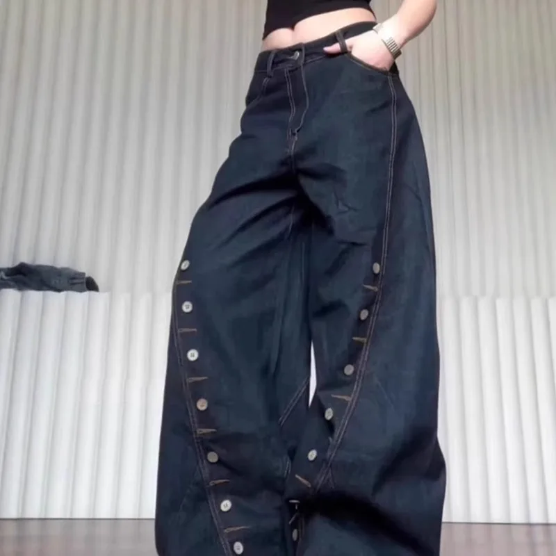 MWJLPWQ Celana Jeans Denim Asli Model Lubang Kancing Longgar Gaya Machete Celana Panjang Kasual Pria High Street Model Kaki Lebar Musim Gugur 2025 Fashion11967