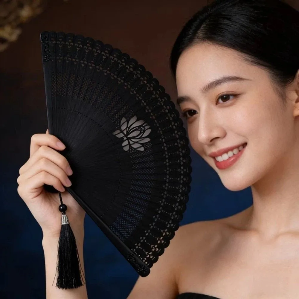 Bamboo Frame Folding Bamboo Hand Fan Lotus Flower Hollowed-out Mini Shell Fan with Tassel Decoration Dance Fan Home Decoration