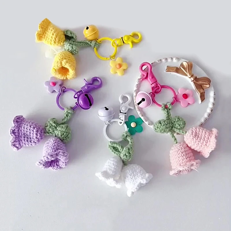 New Handmade Knitted Keychain Yarn Crocheted Bell Orchid Bag Pendants Car Key Ring Fashion Hanging Decoration Charms Gifts