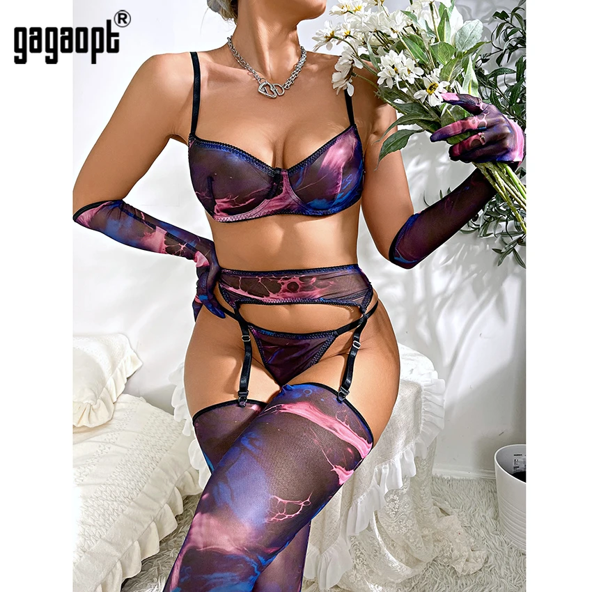 

Gagaopt Tie Dye Lingerie Fancy Underwear Bra Kit Push Up See Through Seamless Briefs Garter Belt Set Sexy Lace Intimate