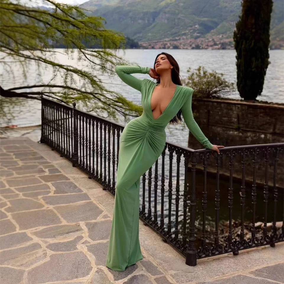 

Deep V Plunge Long Dress For Women Elegant Celebrity Evening Folded Long Sleeves Pleated Bodycon Party Cocktail Gowns Vestido