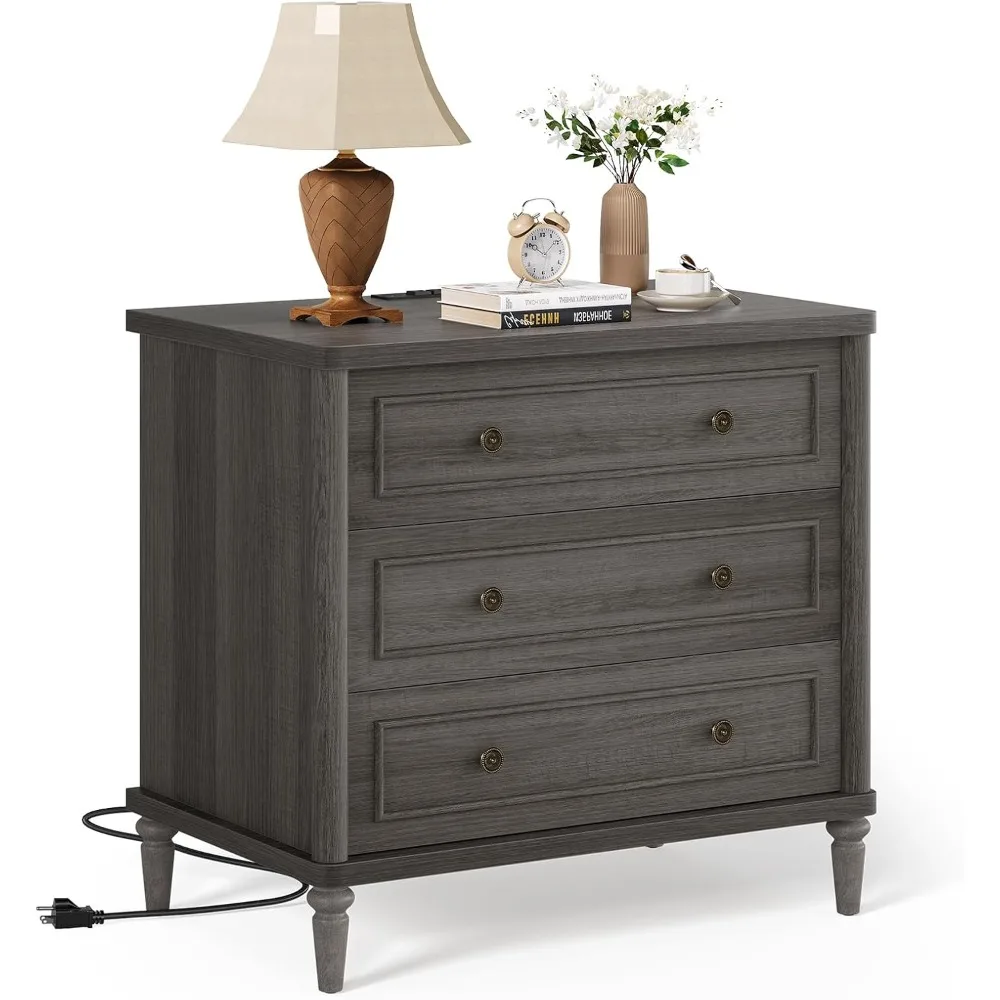 Night Stand with Charging Station, 30" W Large Nightstand with 3 Drawers Storage, USB-C/USB Ports, Solid Wood Bed Side Table