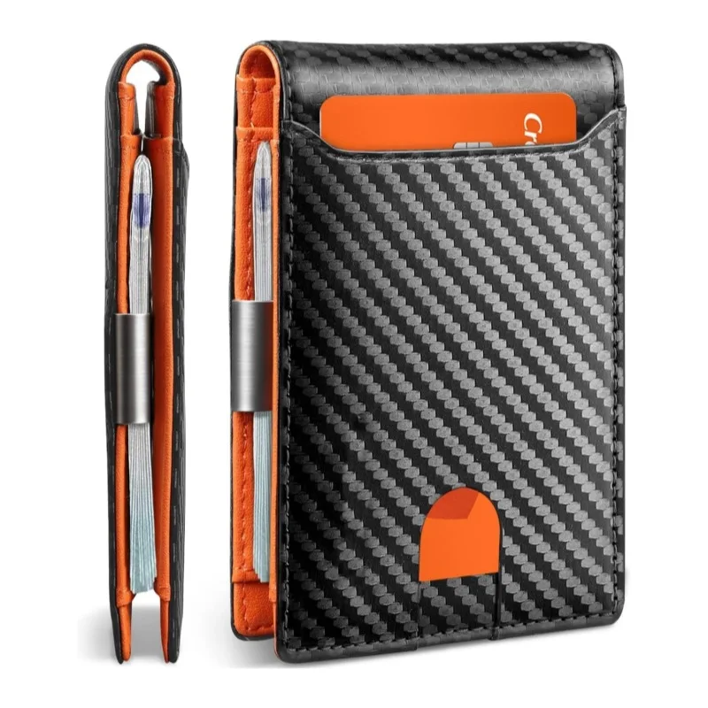 LOMCEL A2 New men's wallet - business carbon fiber US dollar clip, ultra-thin US dollar clip, double-fold carbon fiber cowhide