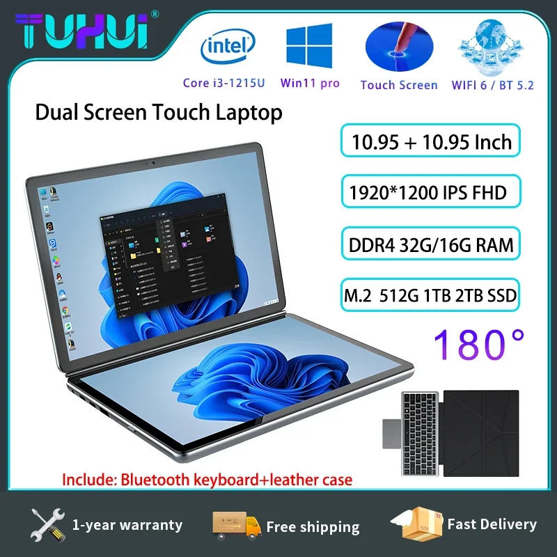 TUHUI 10.95 Inch Dual Screen Laptop Intel Core I3 Gaming Laptop 32G RAM 2TB SSD Wifi6 Bluetooth5.2 Mini Portable Office Notebook