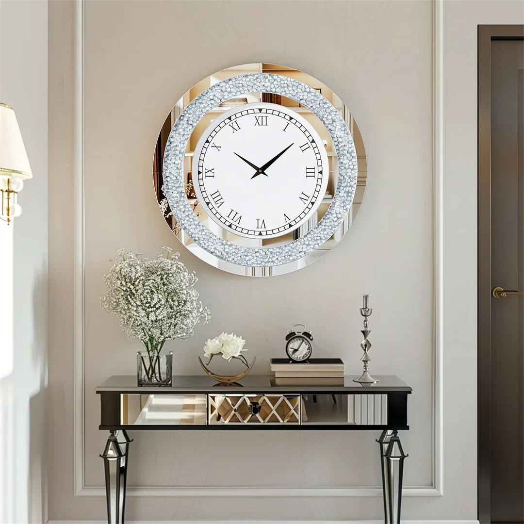 Wall Clock Mirror Clock Sparkle Bling Round Diamond Wall Clock with Silver Tawny Tinted Crystal Crushed