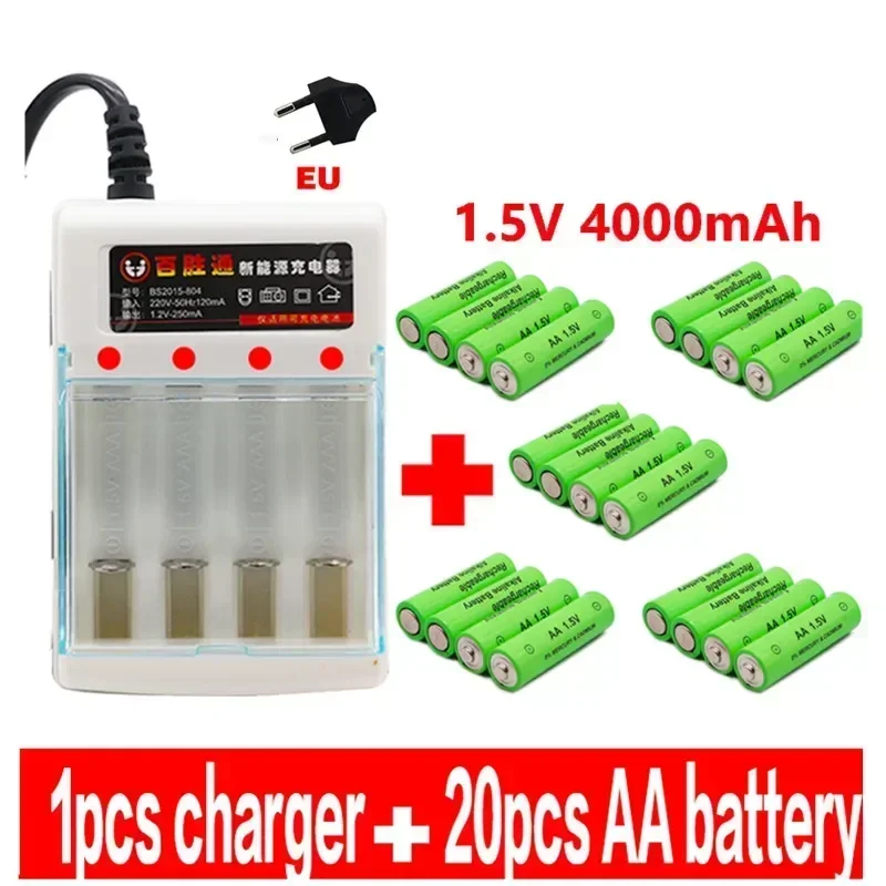 100% New AA battery 4000mAh rechargeable battery AA 1.5V Rechargeable New Alcalinas drummey +1pcs 4-cell battery charger