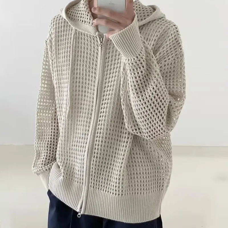 Mesh Hollowed Out Knitted Hooded Long Sleeved Jacket Summer Fashionable Solid Color Loose Cardigan Korean Casual Neutral Jacket