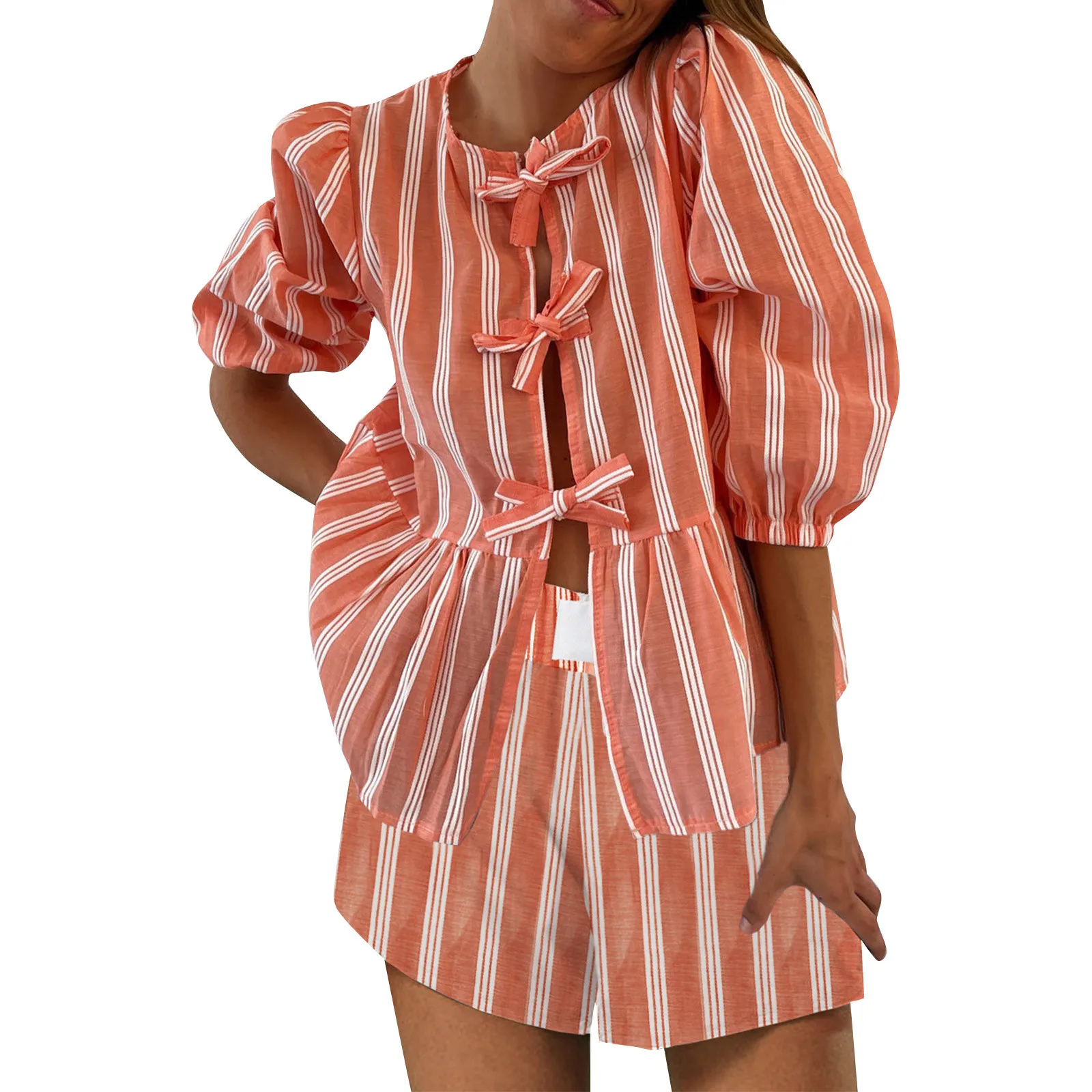 Casual Stripe Shirt Shorts Sets Women Loose Bow Lace Up Hollow Out Long Lantern Sleeve Female Suit 2024 Summer Beach Lady Set