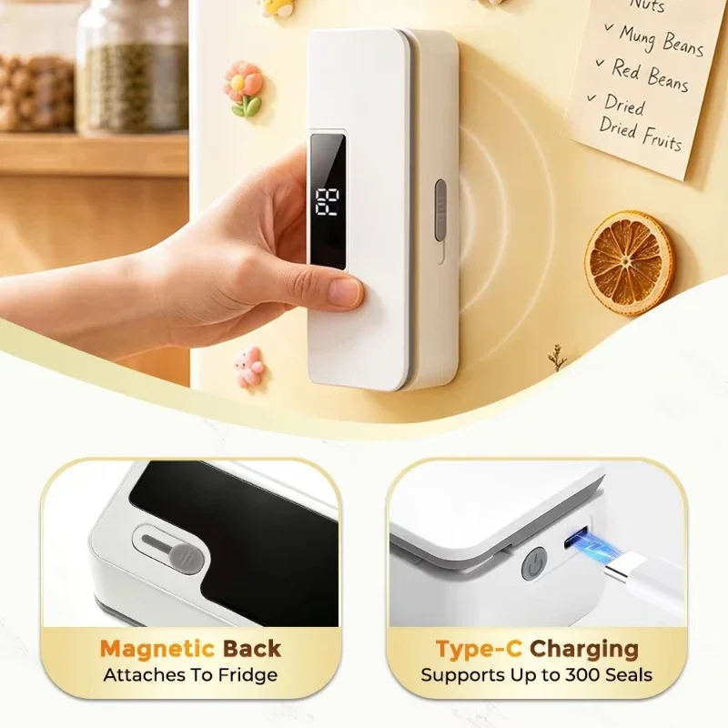 USB-C Rechargeable Mini Bag Sealer 8-Level Adjustable Heat Sealer with Magnetic Base Portable Resealer for Food Snack Bags