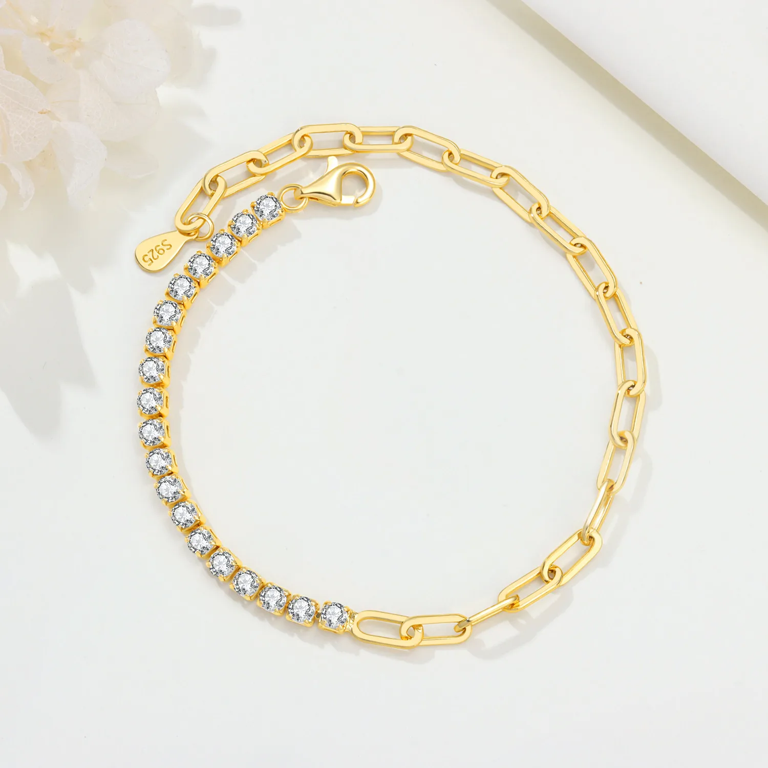MISEFF S925 Sterling Silver Bracelet Chain Stylish Hybrid Spliced Link Tennis Bracelet Chain Elegant Jewelry Women Birthday Gift