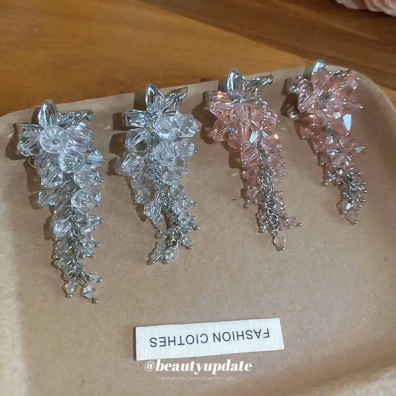 Elegant Silver Needle Flower Crystal Beaded Tassel Niche High End Earrings European American Light Luxury Exaggerated Heavy Duty