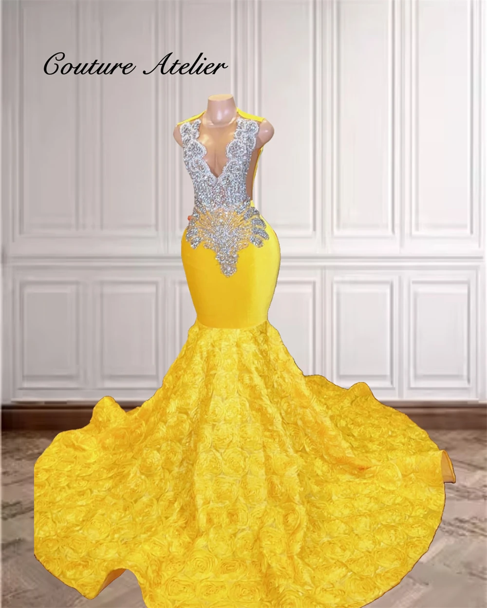 Bright Yellow Rose Long Prom Dresses For Black Girls 2024 Luxury Crystal Beaded African Birthday Queen Gown vestidos Customized