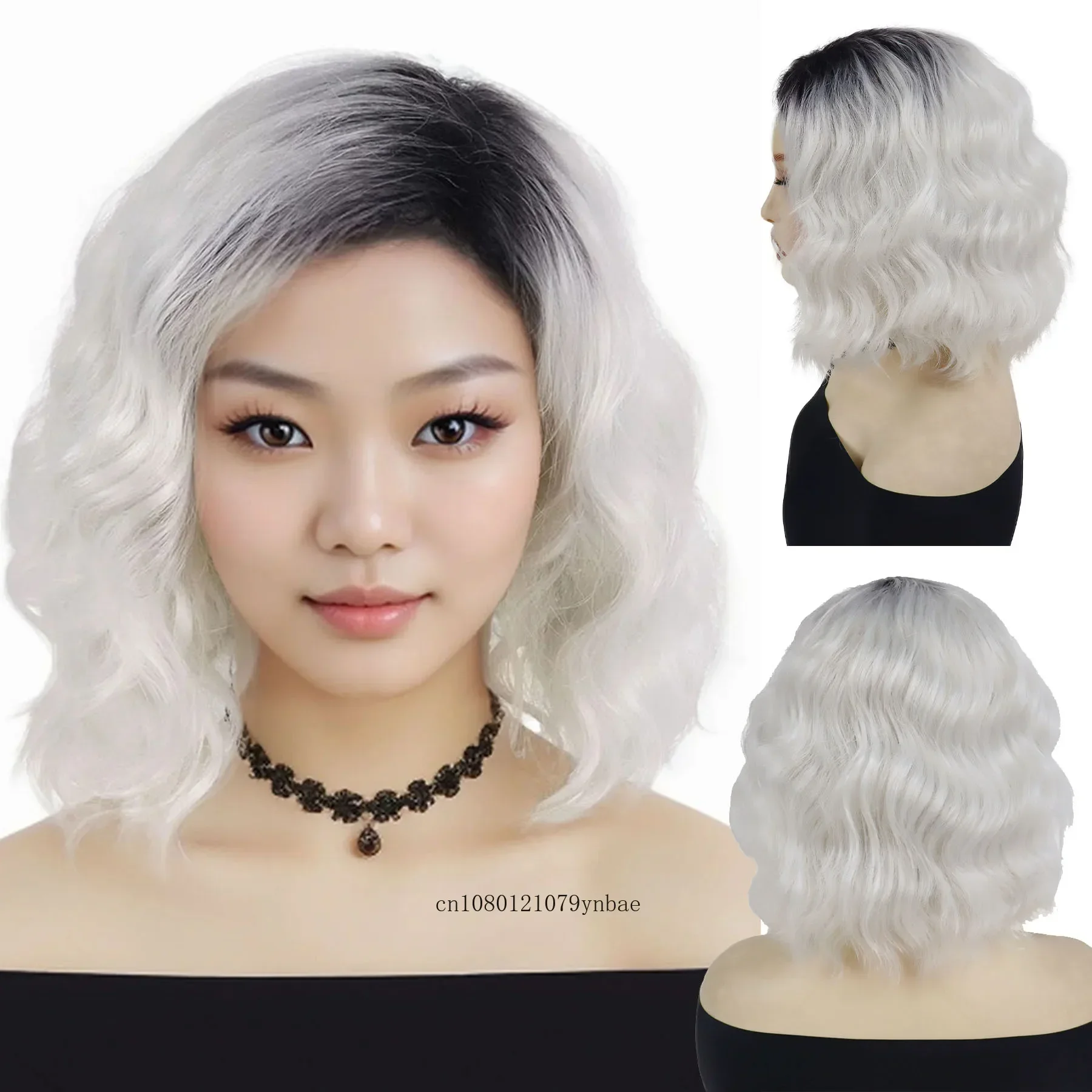 Parrucche sintetiche Ombre bianche per donne Ragazze Parrucca corta ondulata con radice scura con frangia Cosplay quotidiana Anime Costume Party dall'aspetto naturale