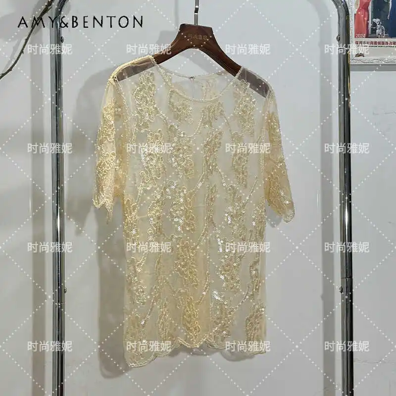 European Style Sequin Bead Translucent New Chinese Short-Sleeved Shirt See-through Round Neck T-shirt Aesthetic Clothes Female