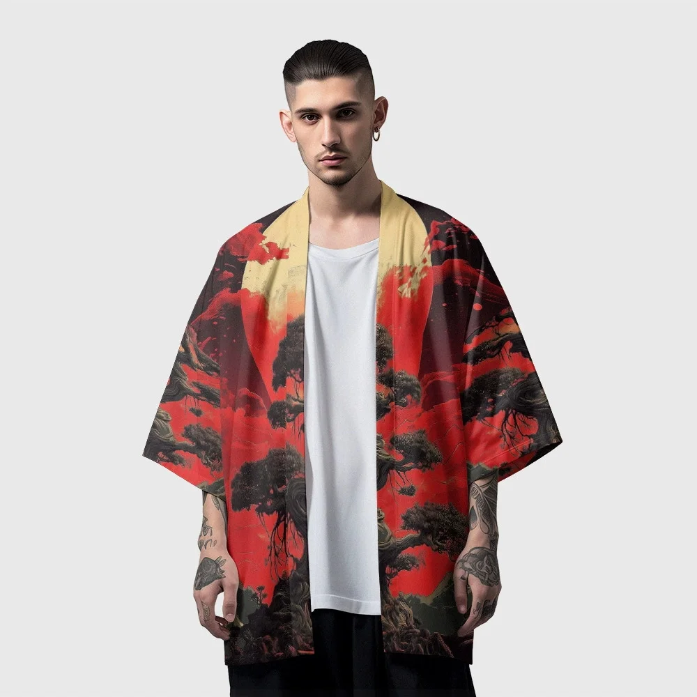 

Welcoming Pine Print Beach Japanese Style Robe Kimono Streetwear Men Women Haori Yukata Tops oversized Plus Size 4XL 5XL 6XL