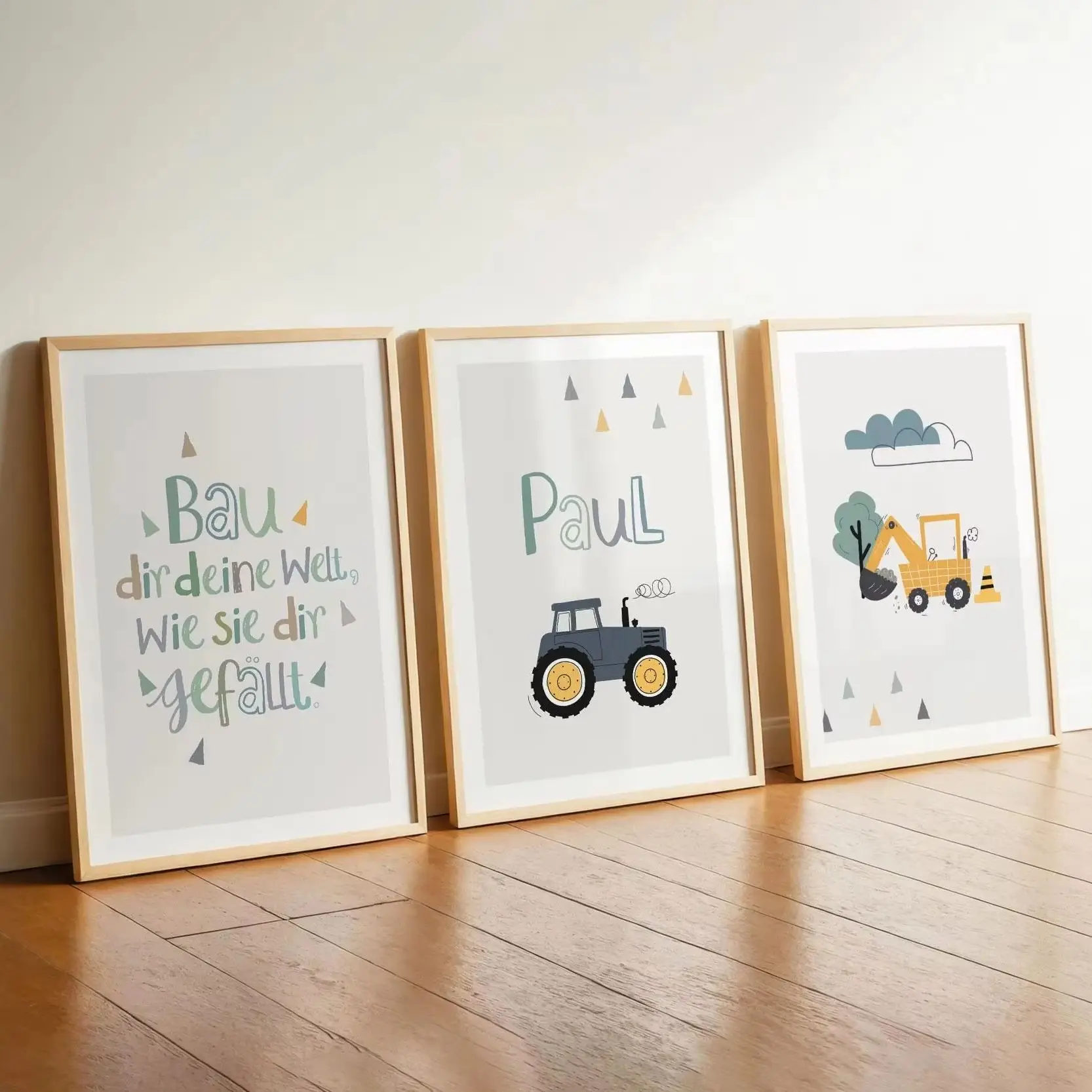 3pcs/set Cartoon Excavator Tractor Custom Name Canvas Printing Positive Quotation Nursery Wall Art Poster for Boy Home Decor