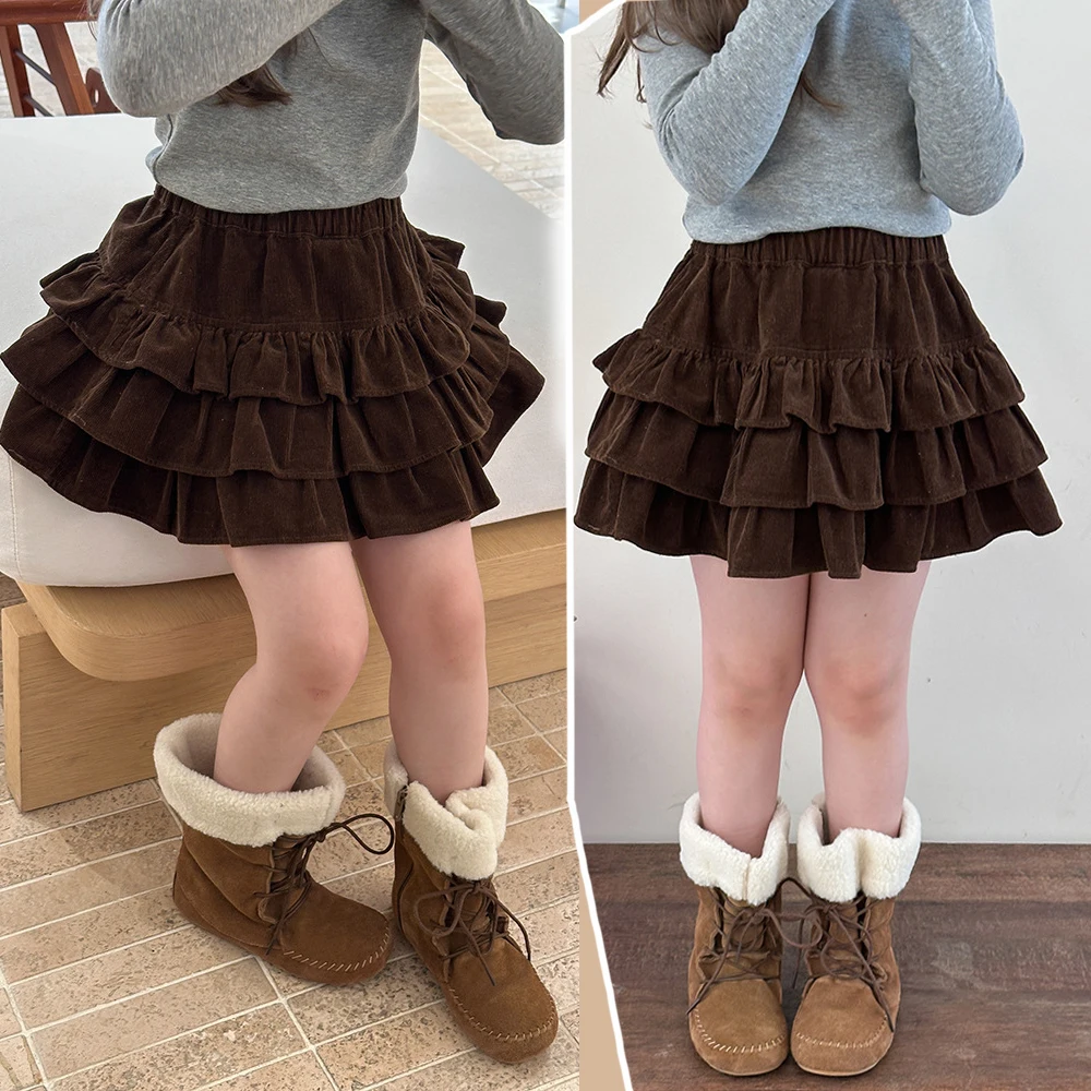 Autumn Pleated Corduroy Skirt Girls Lace Ruffle Cake Skirt Textured 2-14y Young Girls Brown Dress Vintage Mini Princess Dresses