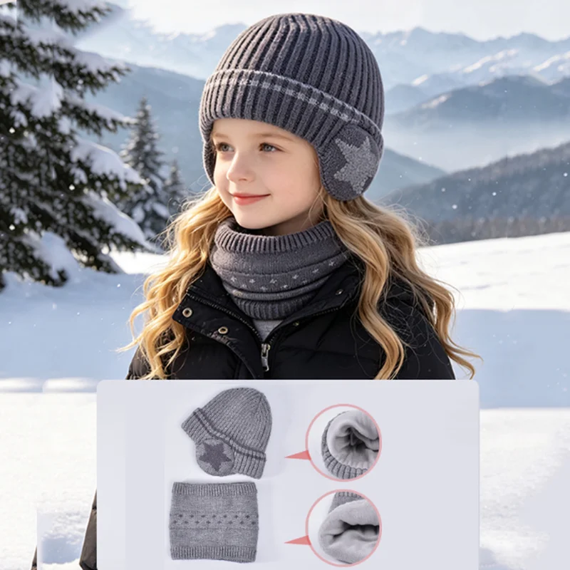 2Pcs Kids Winter Hat Scarf Set Star Print Earflap Knitted Beanie Fleece Lined Warm Neck Warmer For Boys Girls Outdoor