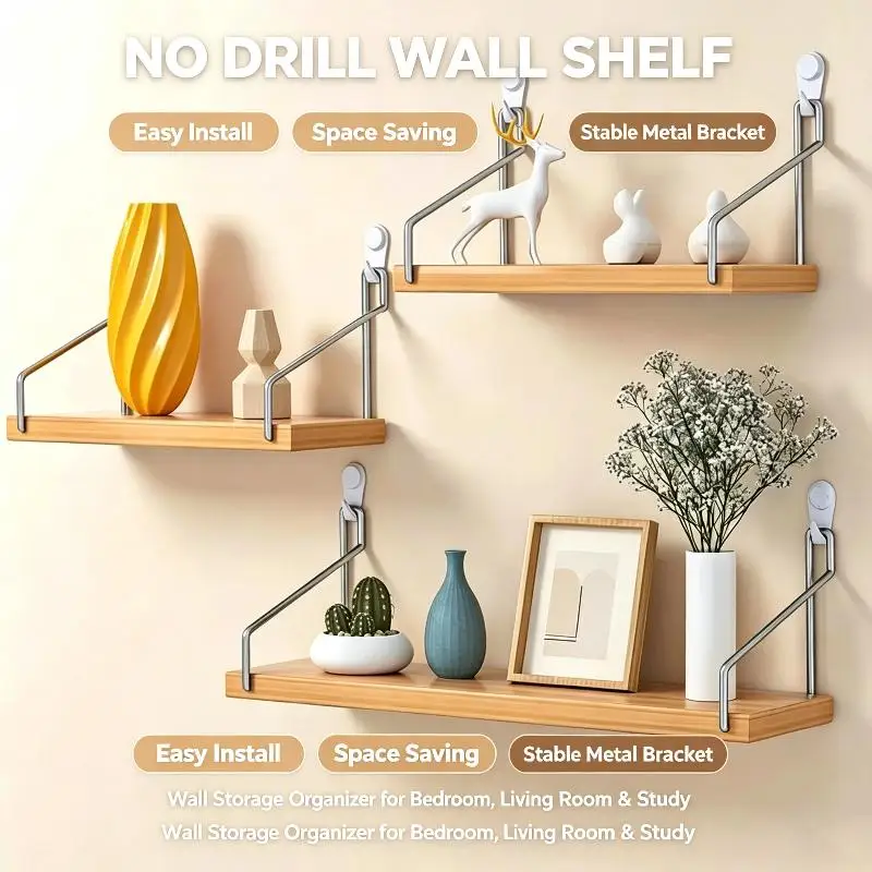 Floating Shelves For Wall Bookshelves No-Punch Wall Mounted Wood Shelf For Living Room Bathroom Bedroom Kitchen Home Decor