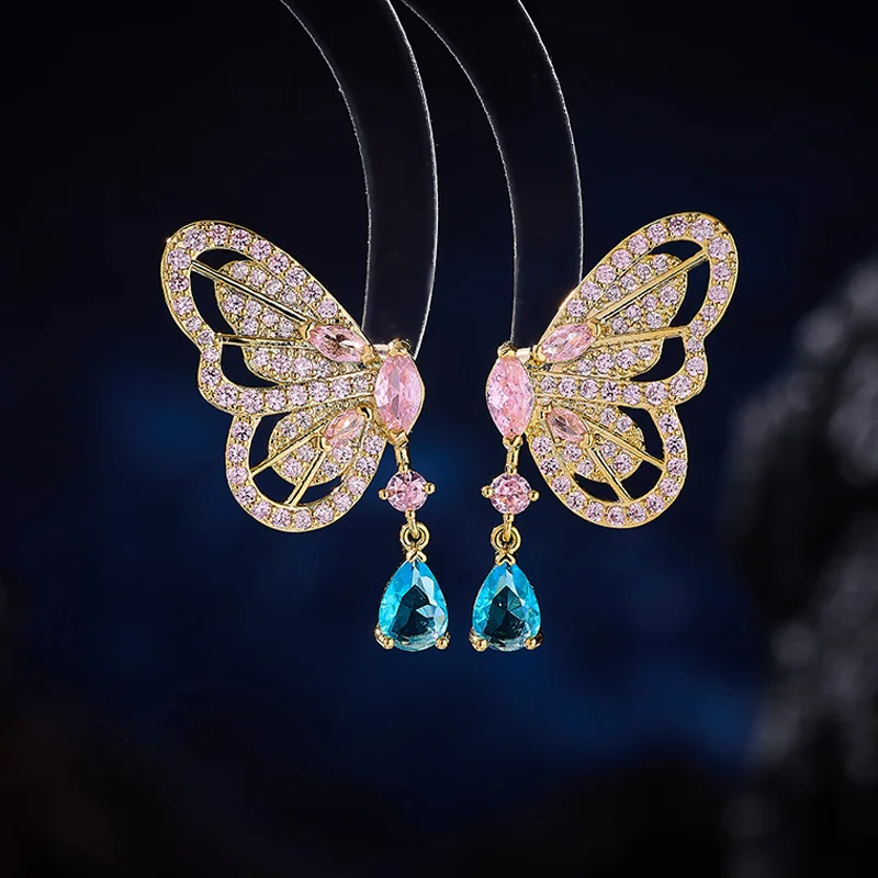 

New Fashion High-end Water Drop Butterfly Earrings S925 Silver Needle Niche Design Super Fairy Sweet Light Luxury Ear Jewelry