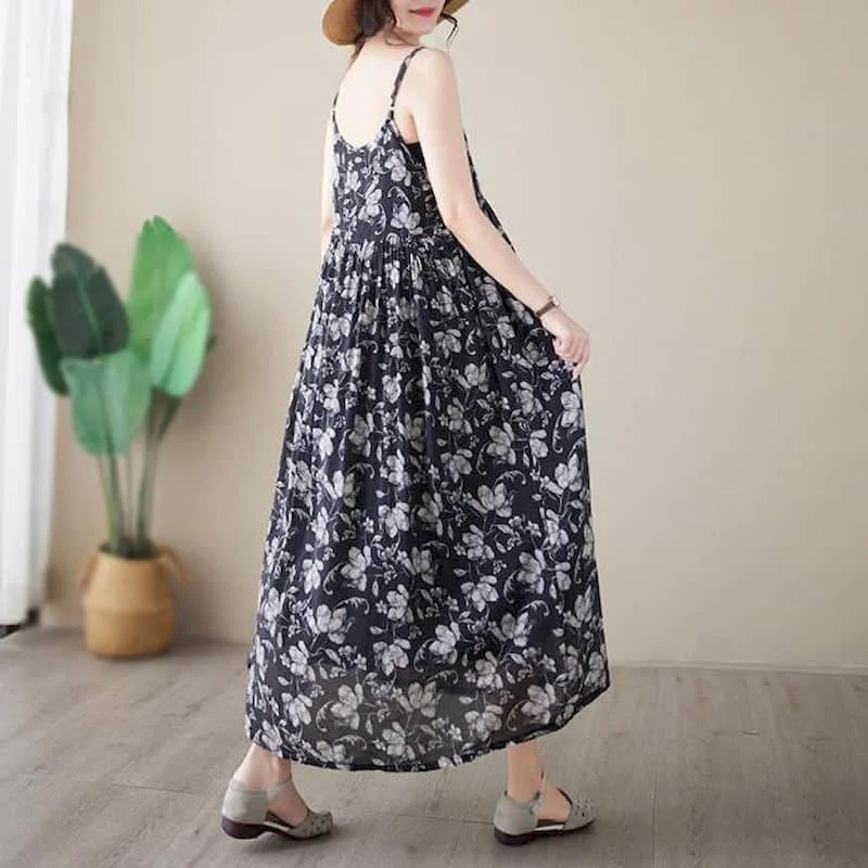 Women Dresses Vintage Summer Floral Printed Sleeveless A-line Casual Loose Korean Fashion  Mid-Calf  Dress for Women Clothing