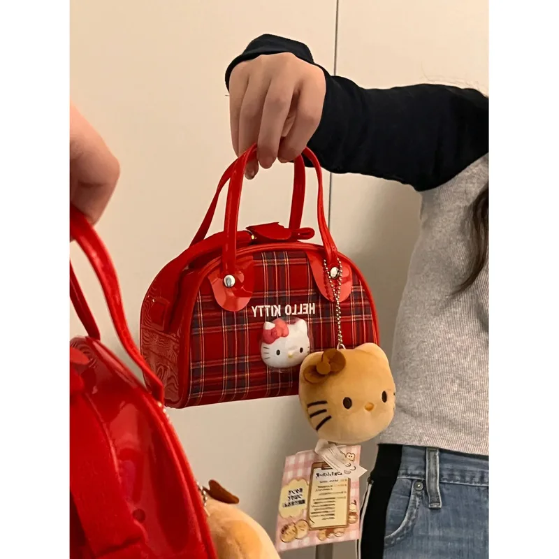 

Hellokitty Mini Handbag Kawaii Sanrio Vintage Red Plaid Cute Kitty Cat Shoulder Bag