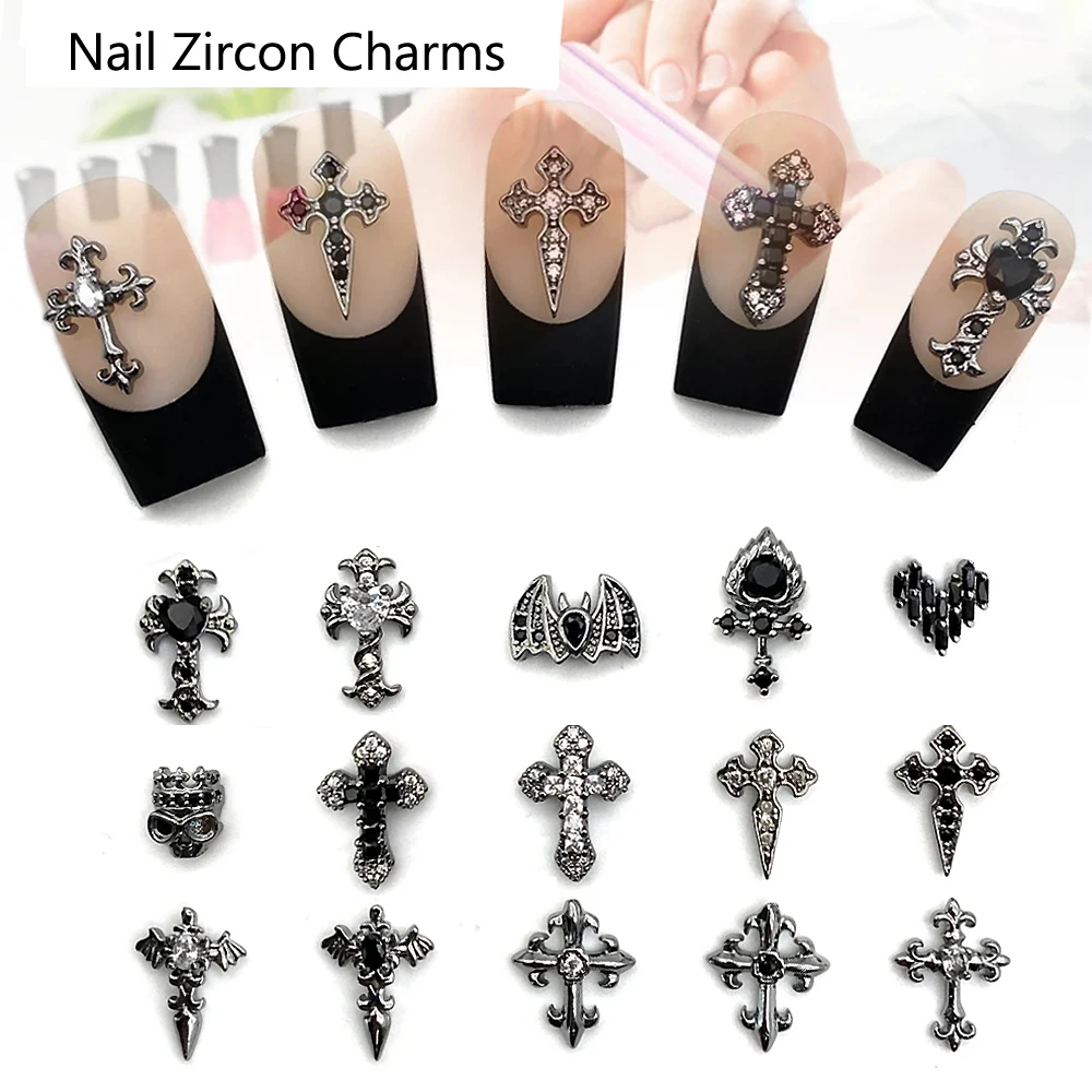 5pcs Nail Charms Black Cross Gothic Punk Style Nails Decoration Alloy Accessories Luxury Nail Charms Love Chain Pendant Designer