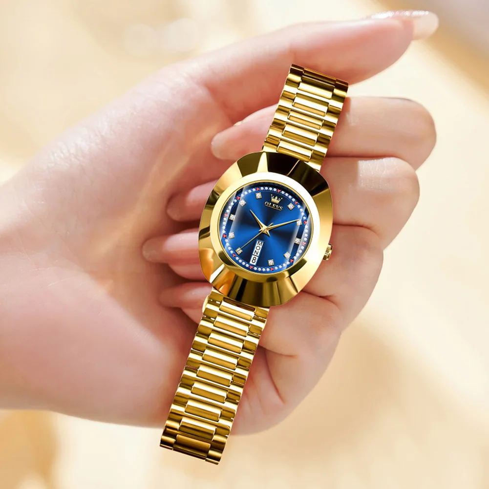 OLEVS Top Brand Women‘s Watches Luxury Gold Blue Original Big Dial Female Wristwatch Wateproof Sungsten Steel Luminous Week Date