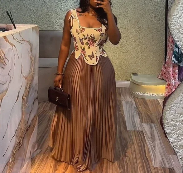 

Women's clothing 2025 summer new sweet and fresh printed waist collection vest high waist half body pleated skirt two-piece set