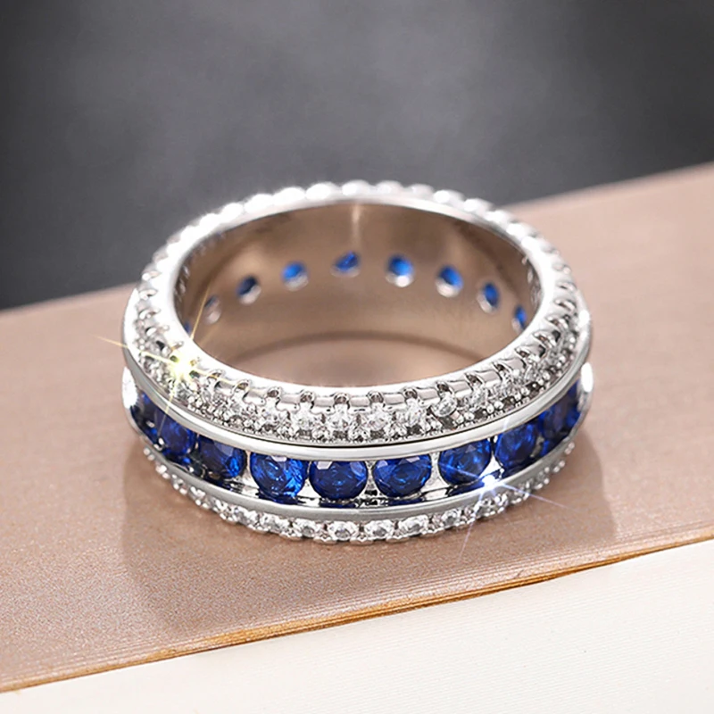 Huian Eternity Promise Rings Full Blue CZ Luxury Trendy Accessories for Women Wedding Party Modern Fashion Silver Color Jewelry