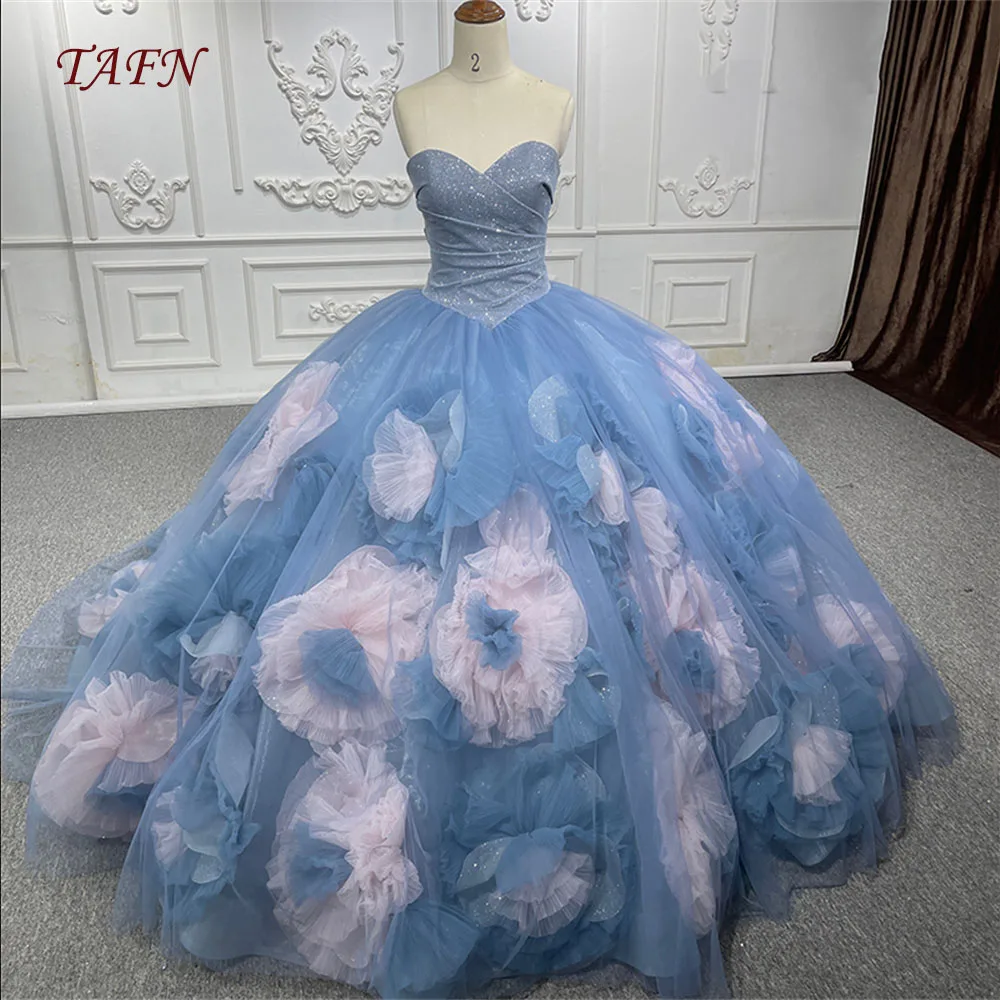 Tafn Dromerige Quinceanera Jurken Lieverd Kraag Strapless Baljurk Plooi Bloemen A-Line Vestidos De 15 Quinceañera