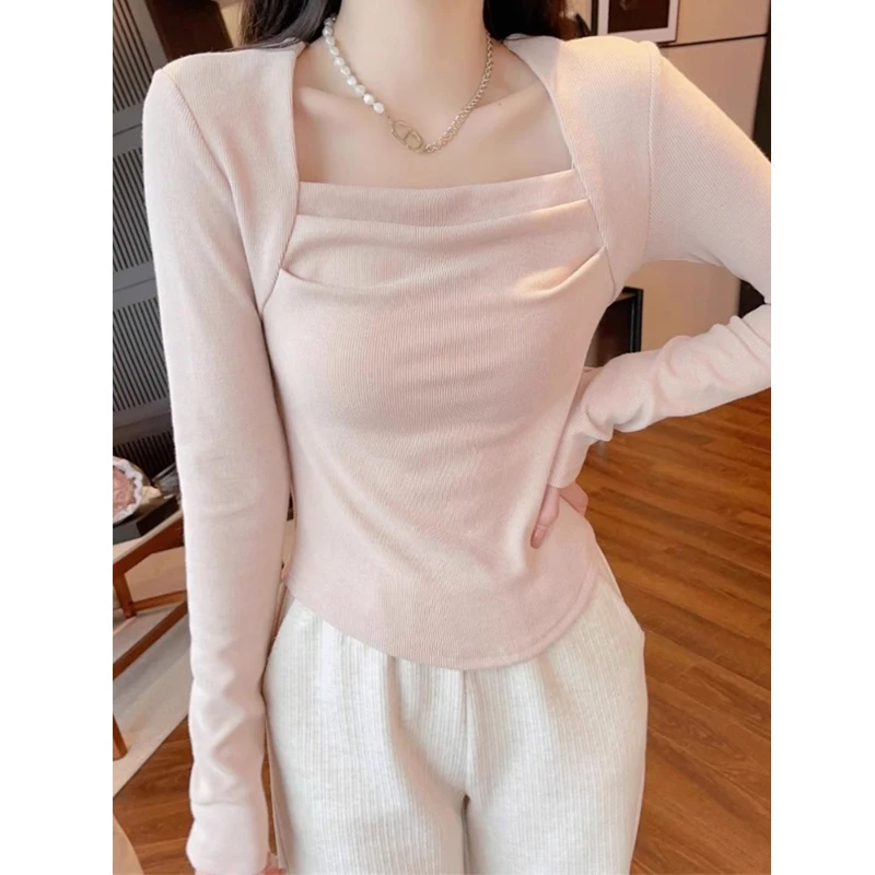 Women Clothing 2024 Spring Autumn Fashion Sexy Ruched Square Collar Basic T-shirt Y2K Female Casual Solid Long Sleeve Slim Tops