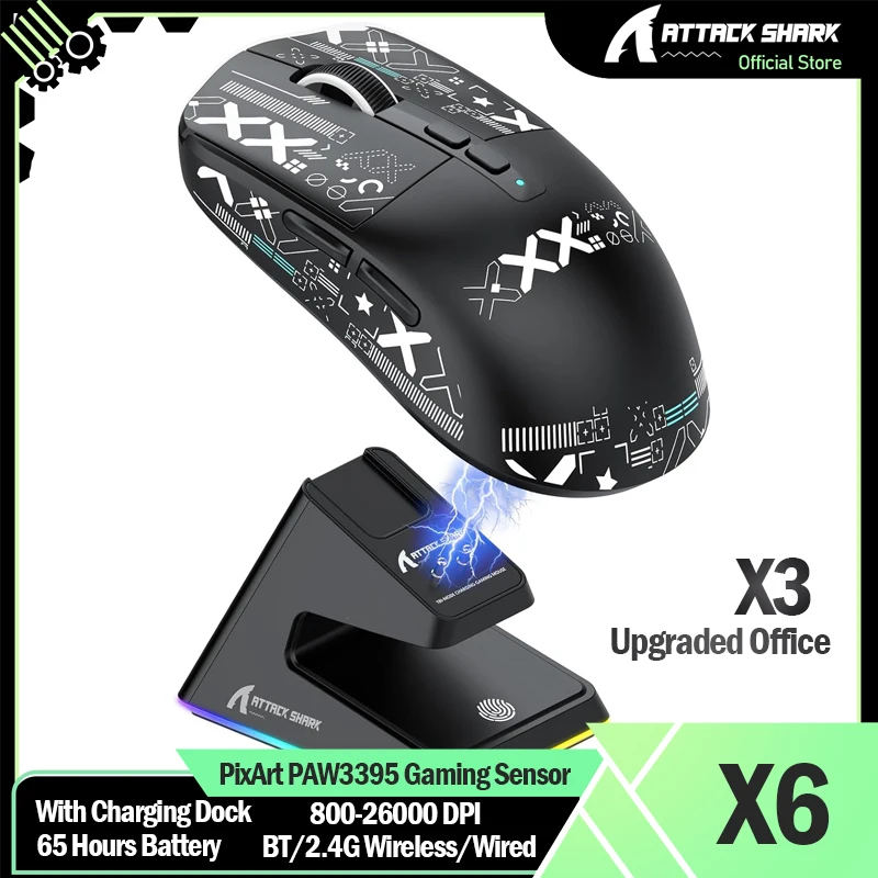 

ATTACK SHARK X6 Lightweight Wireless Gaming Mouse with Anti-Slip Sticker Charging Base,Tri-Mode Wired/2.4G/BT,26K DPI, PAW3395