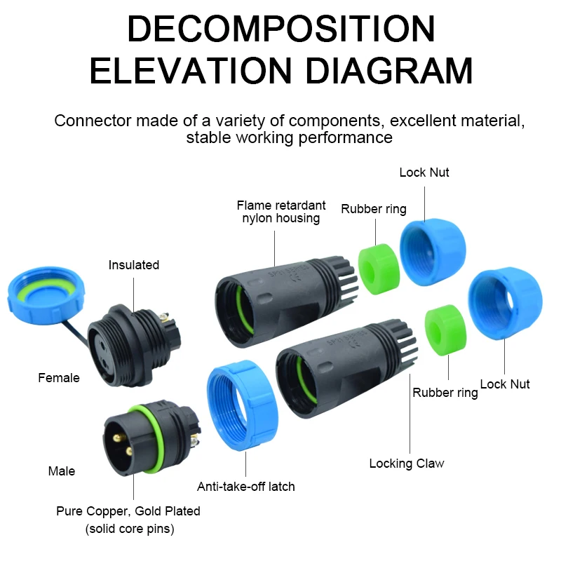 SP21 Waterproof Connector Back Nut SP21 3Pin IP68 Connectors Plug and Socket