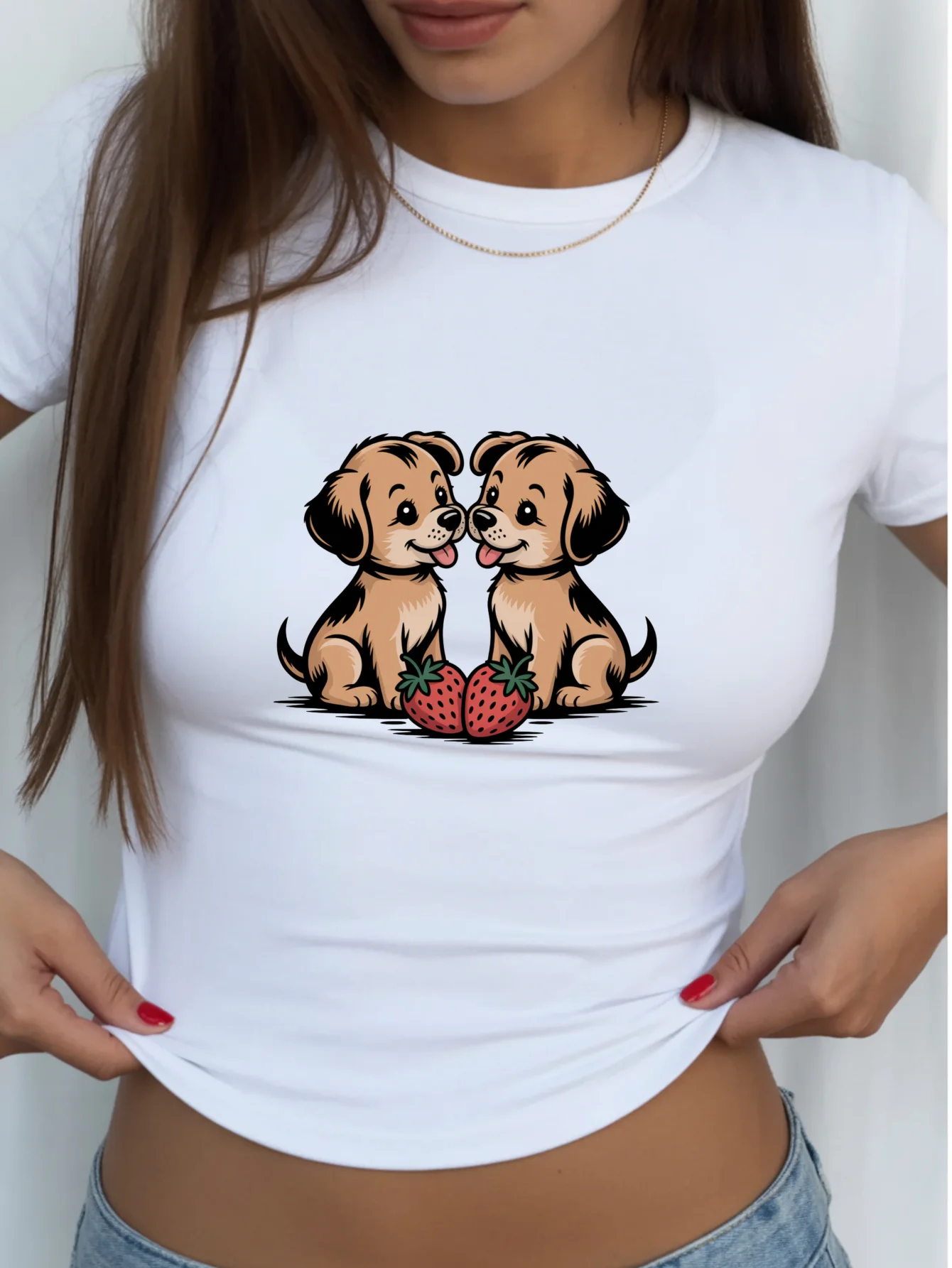 Women's Cute Puppy Strawberry Print Crop Top Slim Short Sleeve Round Neck Casual Summer Sale Top Geometric Pattern Minimalist