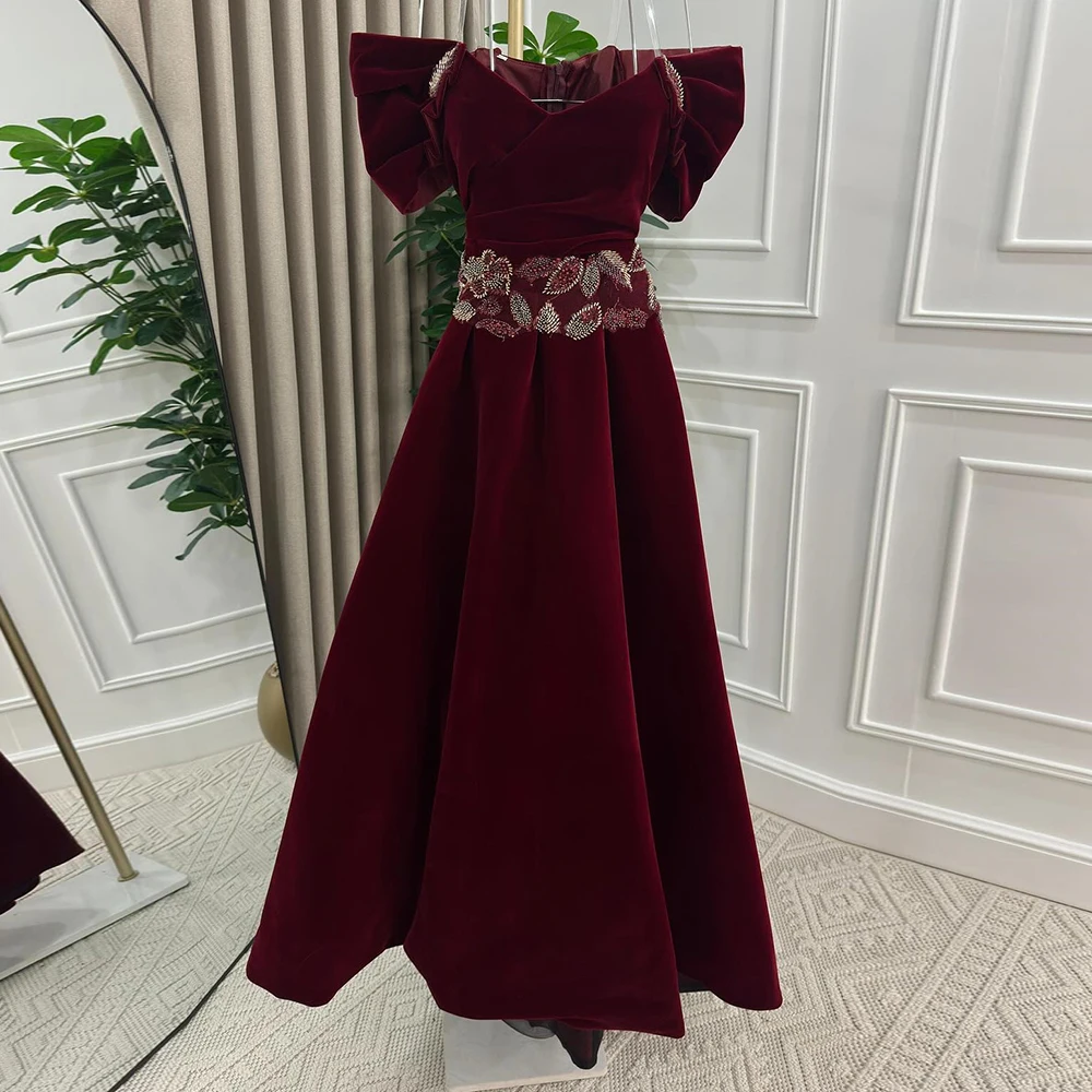 

Customized A-line Evening Dresses Ankle-length Off The Shoulder Sleeveless Prom Gown Fashion Flowers Sequined Draped Party Gown