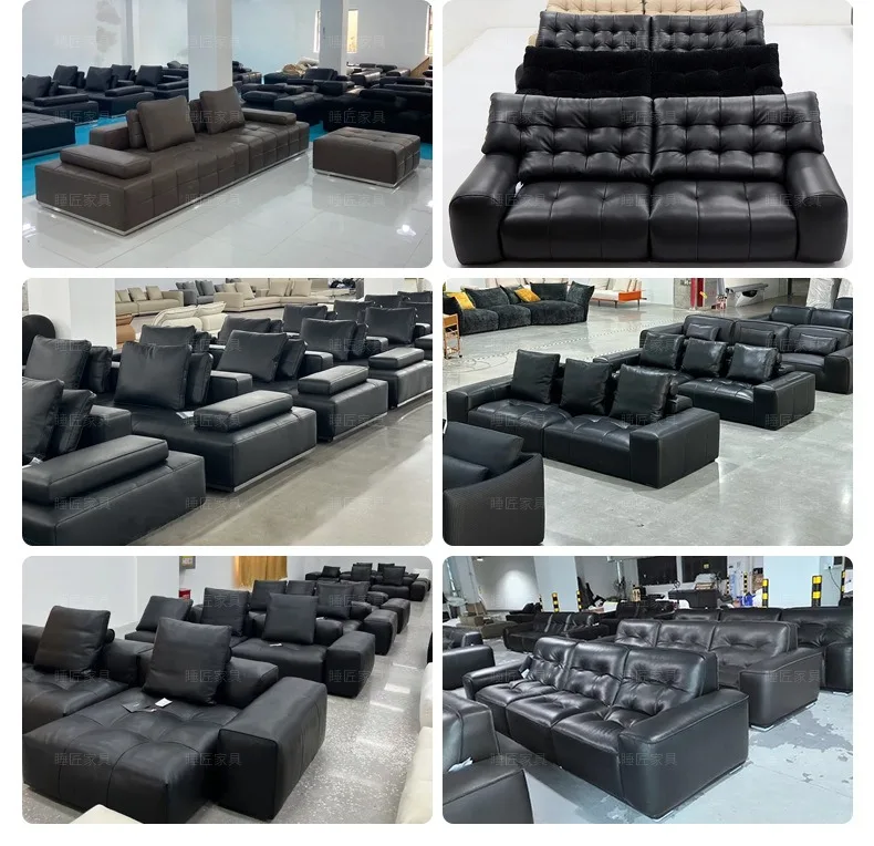 #Black Genuine Leather Chesterfield Sectional Sofa Bed Modern Nordic Design 3-Seater Luxury Sofa Set Stainless Steel Legs Villa view 5