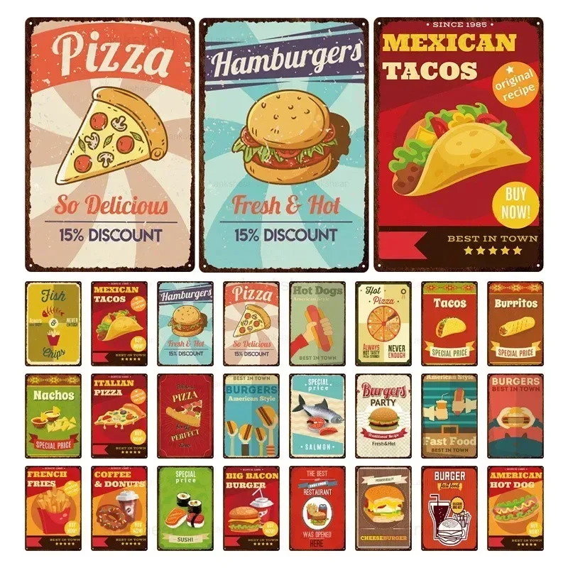 

Fast food metal sign pizza burger Mexican corn tortilla sushi home bar kitchen decoration wall art decoration