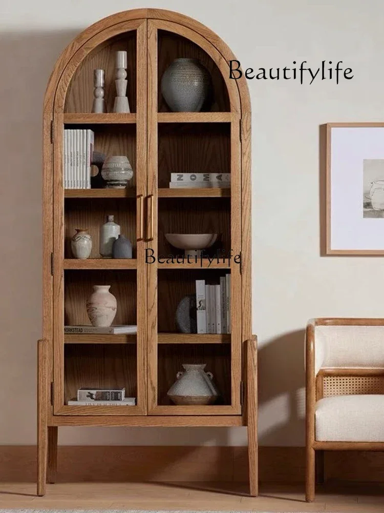 Solid Wood Bookcase Light Luxury Floor Bookshelf Wine Cabinet Nordic Side Cabinet French Retro Curio Cabinet