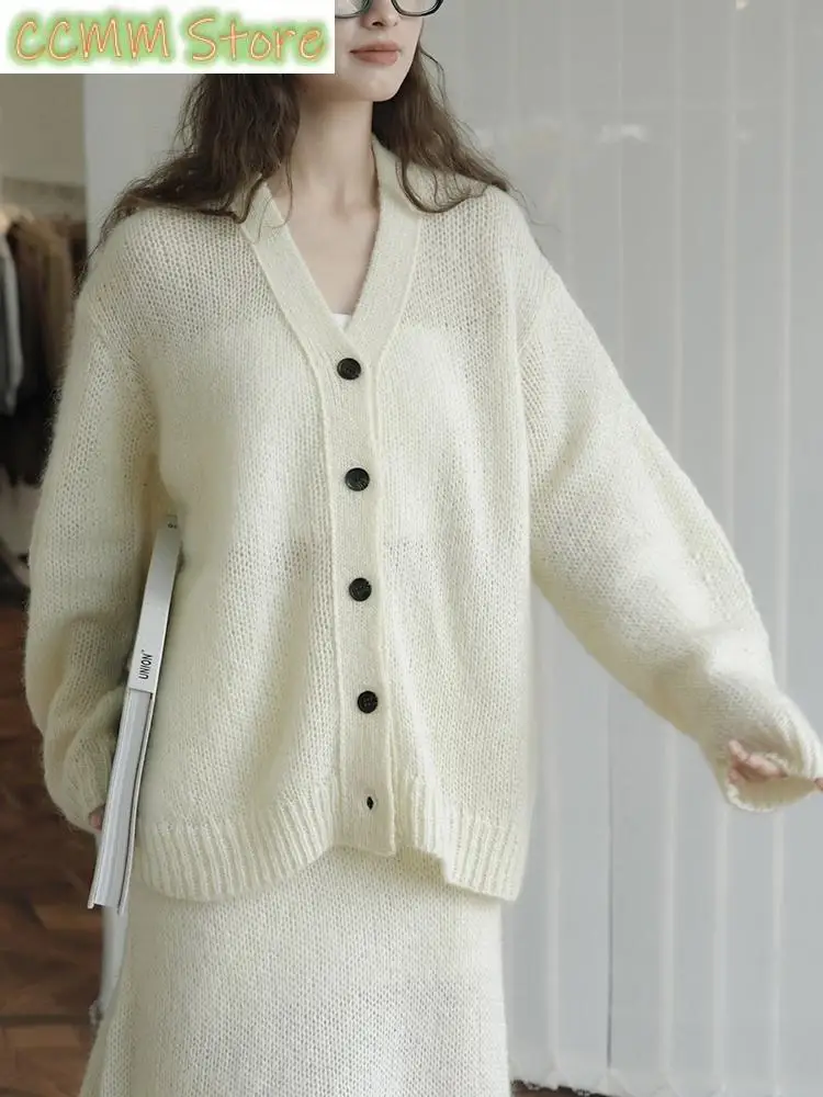 

Yellow Big Size Knitting Cardigan Sweater Loose Fit V-Neck Long Sleeve Women New Fashion Tide Spring Autumn