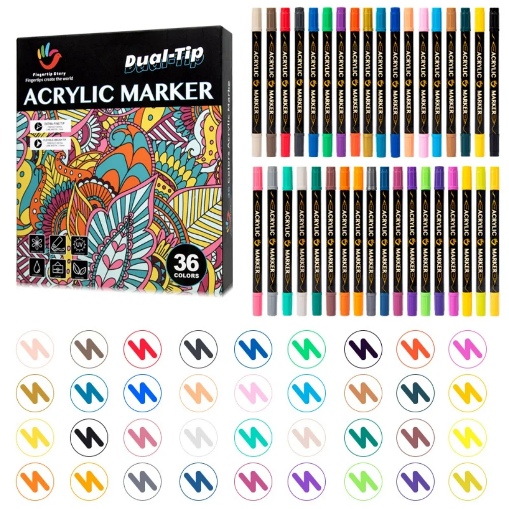 

Quick-Drying Waterproof Large Capacity 36 Colors Dual-Tip Art Acrylic Markers for Mark,Outlining Lines,Drawing,Graffiti,Coloring